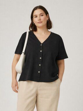 Pure Jill Hemp Cotton Button‑Front Top NIP Natural Fiber Minimalist Large